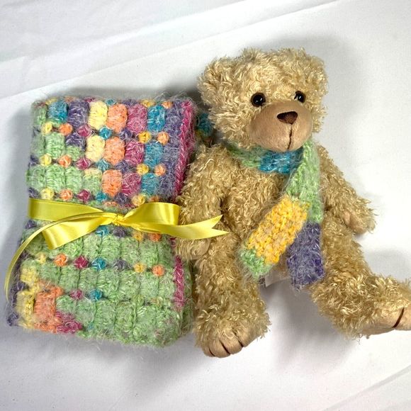 Baby Lovey Small Security Blanket Soft Multicolor Crochet Teddy Bear with Scarf - Picture 9 of 14
